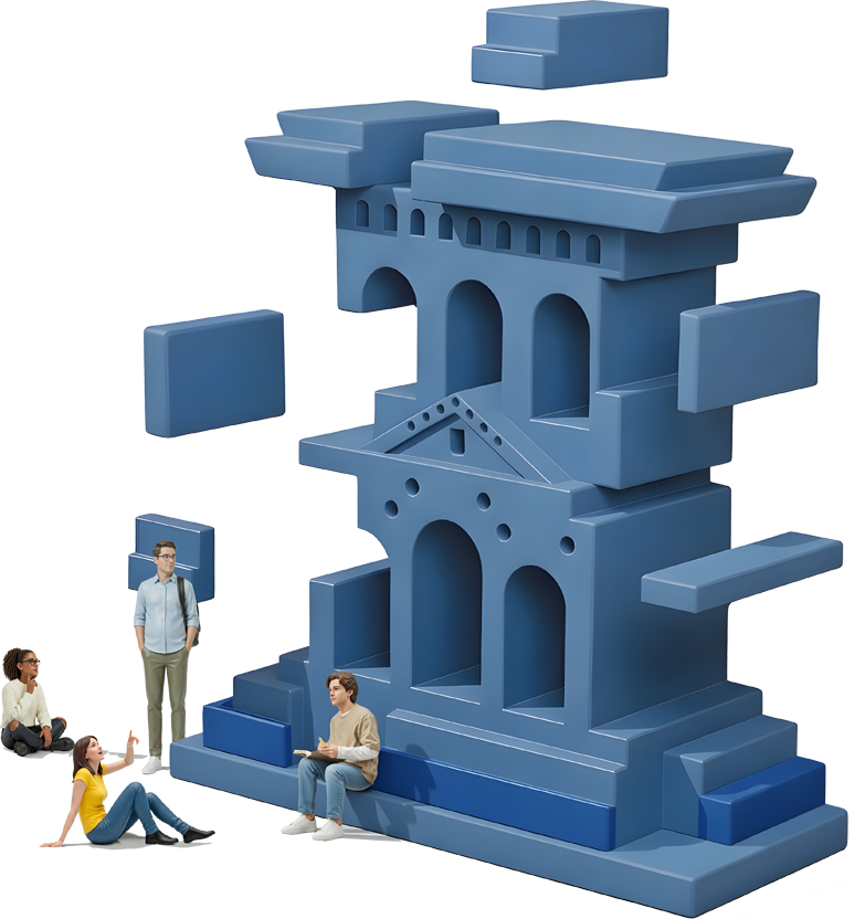 Imagen decorativa del logo del paraninfo en 3D con un grupo de estudiantes señalándolo